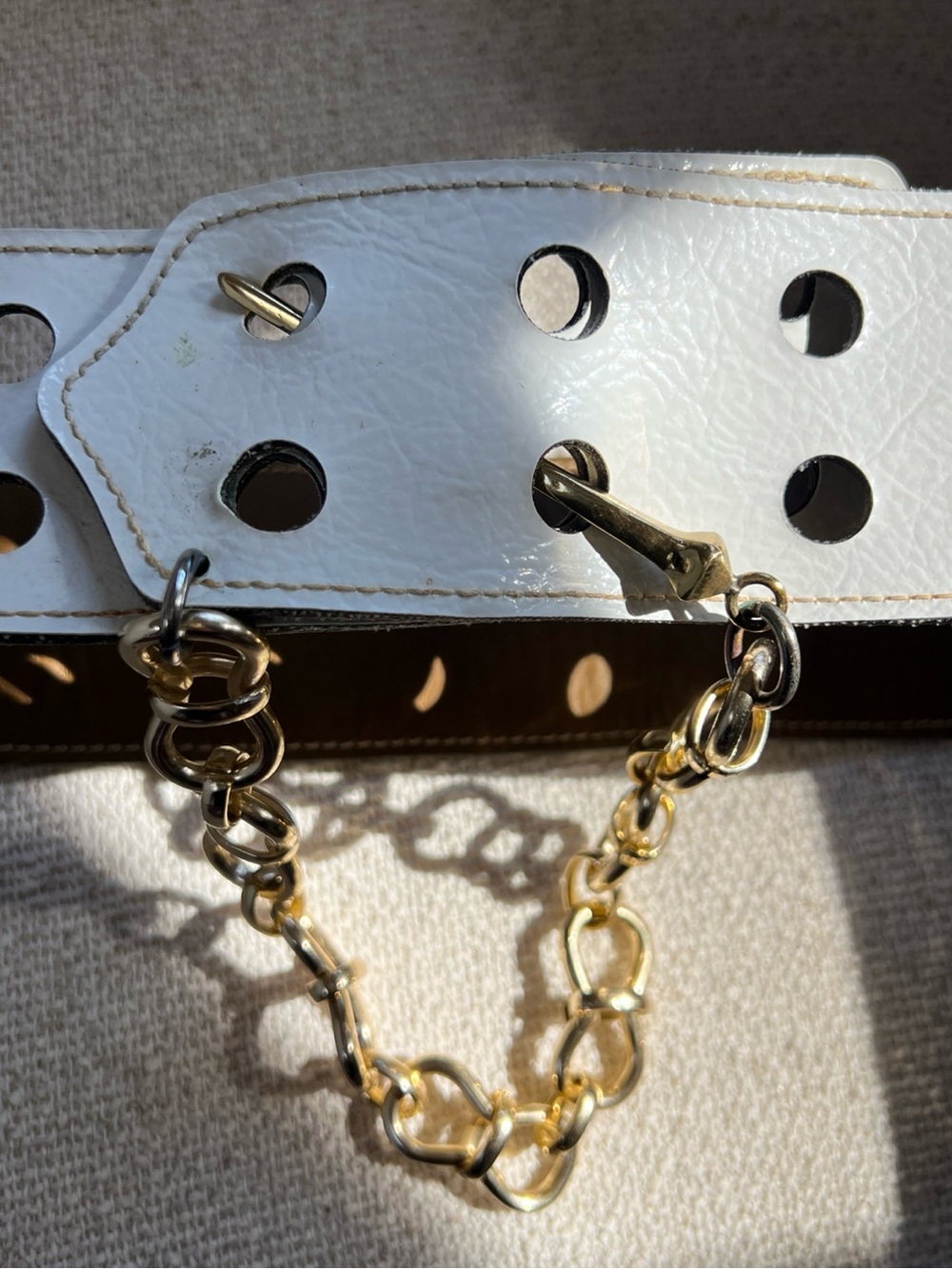 Saks Fifth Avenue White Leather Belt with Gold Chain & Spike Detail